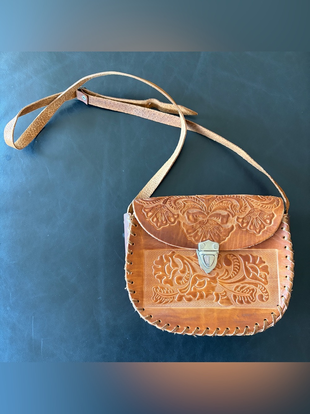 Vintage Hand Tooled Leather Crossbody Saddle Bag Western Boho Floral Tan